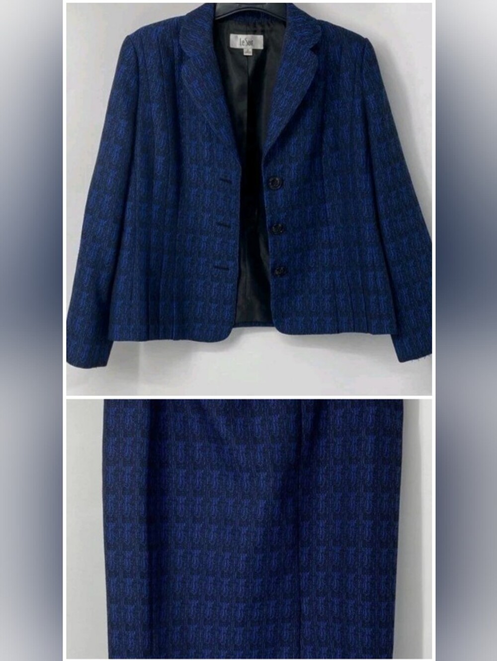 2 Piece Le Suit Navy and Black Textured Women's Suit Jacket Blazer & Skirt Set